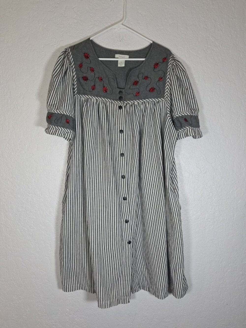 Bechamel Women’s Dress Black Striped Ladybug Embroidered Boho Size XL